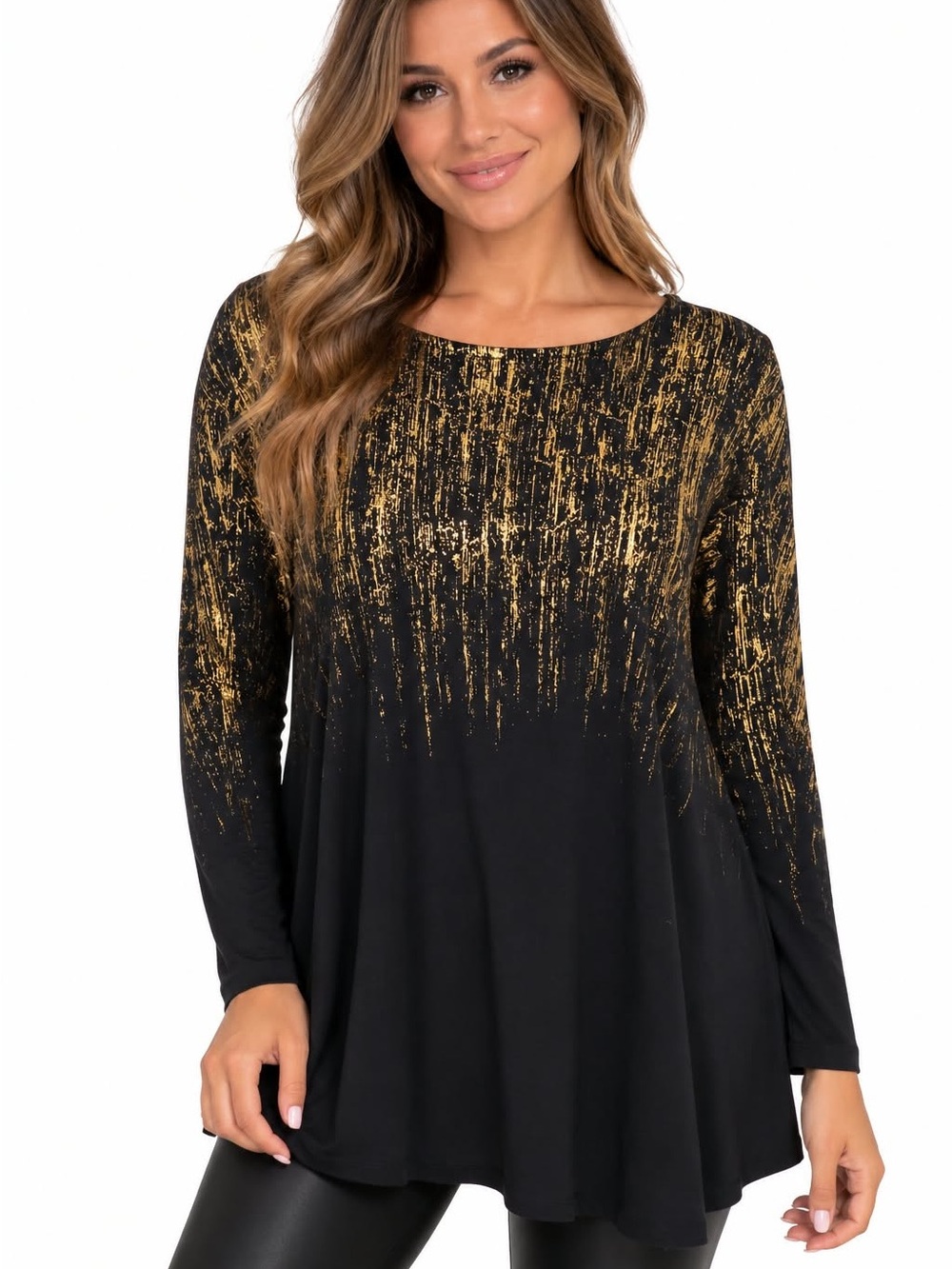JM Collection Black and Gold Metallic Splash Long-Sleeve Top